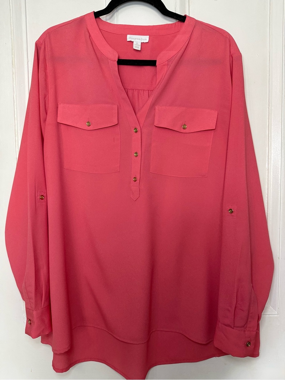 Charter Club Coral Pink with Gold Buttons Utility Tunic Blouse - Size XL